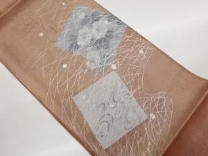 紗 銀彩手描き銀駒刺繍色紙に椿・流水・水玉模様袋帯